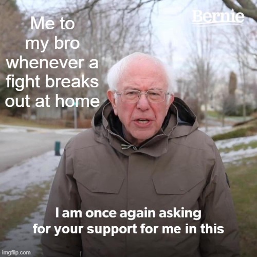 When a fight breaks out at home | Me to my bro whenever a fight breaks out at home; for your support for me in this | image tagged in memes,bernie i am once again asking for your support,support,funny,brothers,funny memes | made w/ Imgflip meme maker