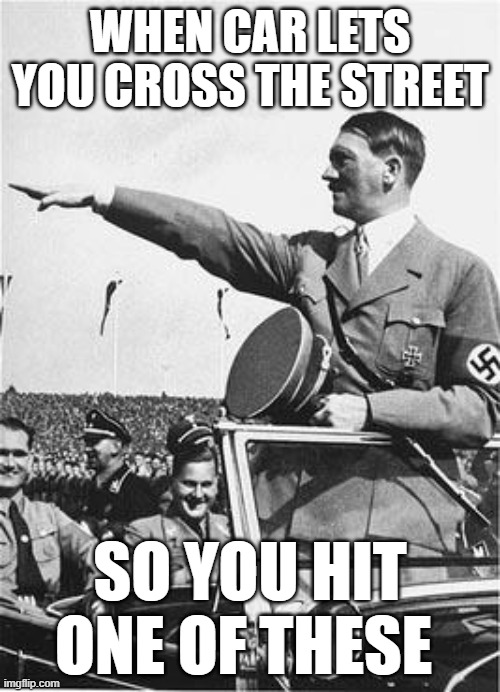 Nazi Salute | WHEN CAR LETS YOU CROSS THE STREET; SO YOU HIT ONE OF THESE | image tagged in nazi salute | made w/ Imgflip meme maker