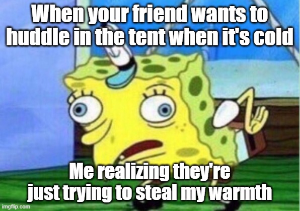 this is relatable | When your friend wants to huddle in the tent when it's cold; Me realizing they're just trying to steal my warmth | image tagged in memes,mocking spongebob | made w/ Imgflip meme maker