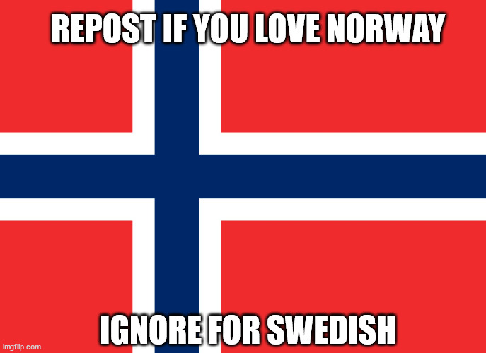 Norwegian flag | REPOST IF YOU LOVE NORWAY; IGNORE FOR SWEDISH | image tagged in norwegian flag | made w/ Imgflip meme maker