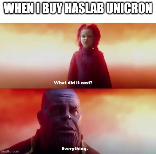 He's too expensive | WHEN I BUY HASLAB UNICRON | image tagged in thanos what did it cost | made w/ Imgflip meme maker