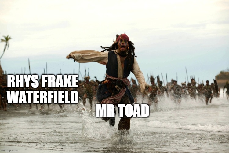 who will be turned into a horror movie villain next | RHYS FRAKE WATERFIELD; MR TOAD | image tagged in captain jack sparrow running,prediction,memes | made w/ Imgflip meme maker