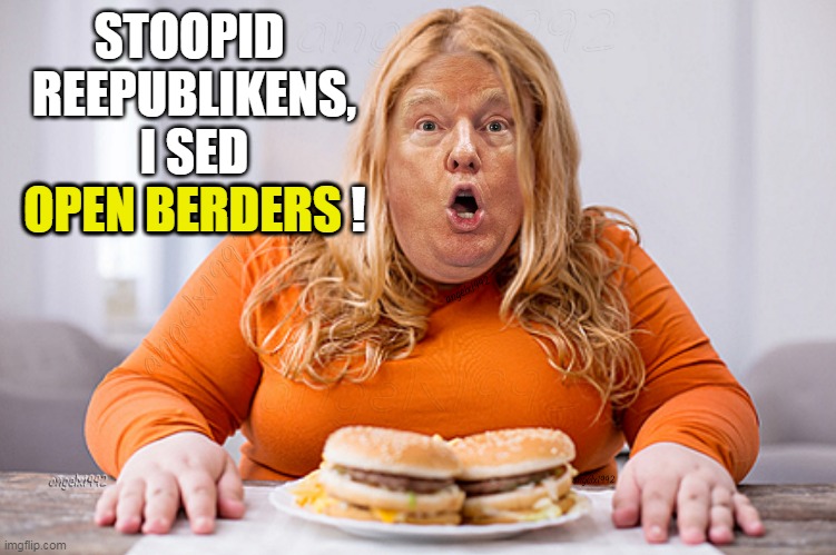 donOLD trump wants open berders | STOOPID 
REEPUBLIKENS,
I SED
OPEN BERDERS ! OPEN BERDERS | image tagged in trump,maga morons,clown car republicans,foodies,donald trump is an idiot,hamburgers | made w/ Imgflip meme maker