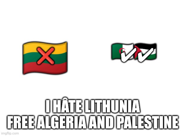 I hâte lithunia | ❌; 🇩🇿🇵🇸; ✔️✔️; 🇱🇹; I HÂTE LITHUNIA 
FREE ALGERIA AND PALESTINE | image tagged in free algeria palestine | made w/ Imgflip meme maker