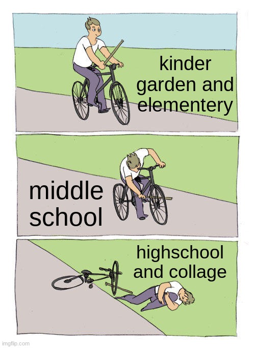 school be like | kinder garden and elementery; middle school; highschool and collage | image tagged in memes,bike fall | made w/ Imgflip meme maker