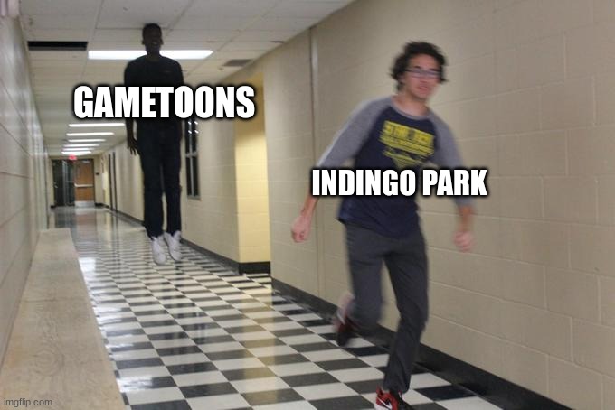 Running away from a floating black man | GAMETOONS; INDIGO PARK | image tagged in running away from a floating black man | made w/ Imgflip meme maker