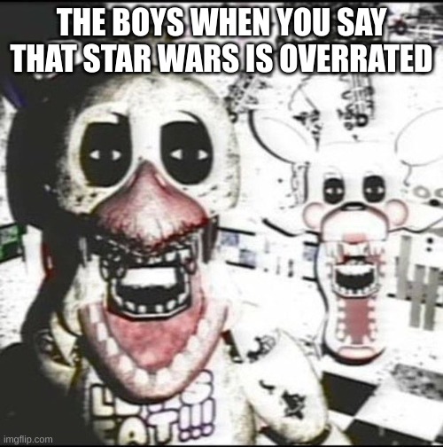 Wait... | THE BOYS WHEN YOU SAY THAT STAR WARS IS OVERRATED | image tagged in withered chica and mangle | made w/ Imgflip meme maker