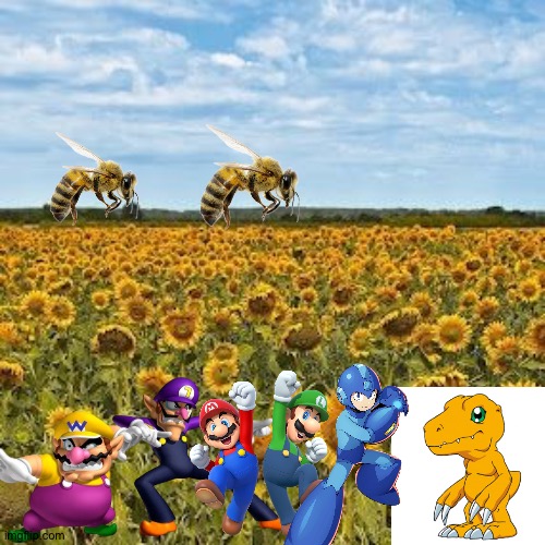 Wario and Friends dies by giant killer bees while having a picnic in a field of Sunflowers | image tagged in wario dies,super mario,digimon,megaman,crossover | made w/ Imgflip meme maker