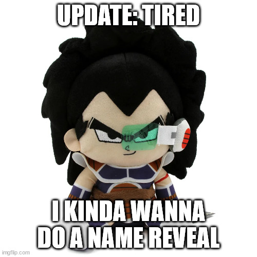 raditz plush | UPDATE: TIRED; I KINDA WANNA DO A NAME REVEAL | image tagged in raditz plush | made w/ Imgflip meme maker