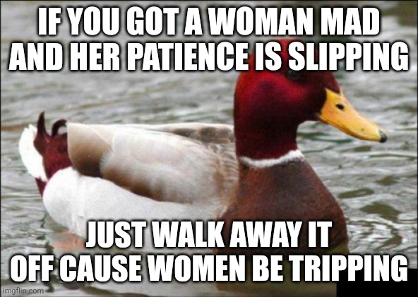 Toxic advice mallard | IF YOU GOT A WOMAN MAD AND HER PATIENCE IS SLIPPING; JUST WALK AWAY IT OFF CAUSE WOMEN BE TRIPPING | image tagged in memes,malicious advice mallard,toxic,women | made w/ Imgflip meme maker