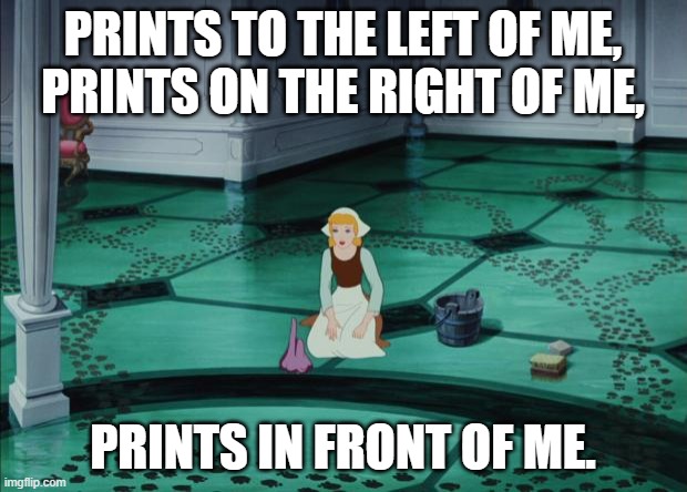 Cinderella Encircled By Pawprints | PRINTS TO THE LEFT OF ME,
PRINTS ON THE RIGHT OF ME, PRINTS IN FRONT OF ME. | image tagged in cinderella,cleaning,pawprints,disney,princess | made w/ Imgflip meme maker