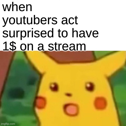 youtubers be like | when youtubers act surprised to have 1$ on a stream | image tagged in memes,surprised pikachu | made w/ Imgflip meme maker
