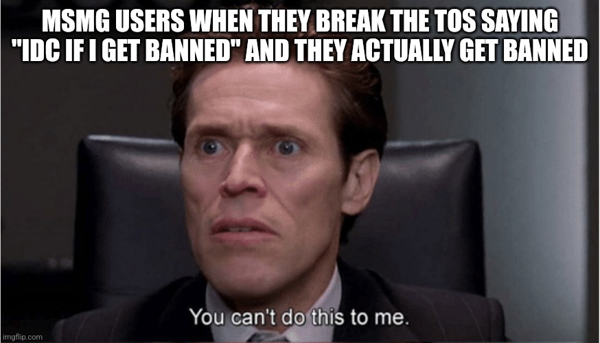 You can't do this to me | MSMG USERS WHEN THEY BREAK THE TOS SAYING "IDC IF I GET BANNED" AND THEY ACTUALLY GET BANNED | image tagged in you can't do this to me | made w/ Imgflip meme maker