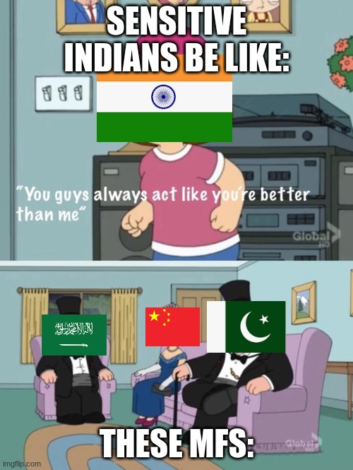 Indians do what they do best, Complain about everything while doing nothing. | SENSITIVE INDIANS BE LIKE:; THESE MFS: | image tagged in meg family guy you always act you are better than me,family guy,relatable memes,pakistan,india,frustration | made w/ Imgflip meme maker