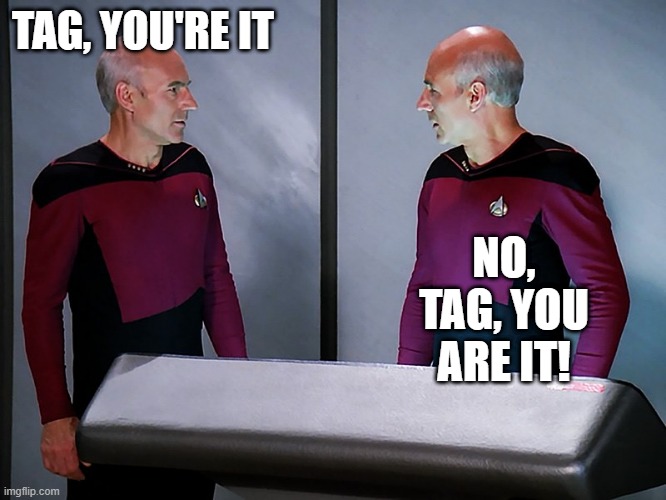 Tag | TAG, YOU'RE IT; NO, TAG, YOU ARE IT! | image tagged in picard staring at himself | made w/ Imgflip meme maker