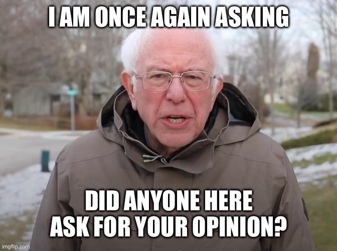 Bernie Sanders Once Again Asking | I AM ONCE AGAIN ASKING; DID ANYONE HERE ASK FOR YOUR OPINION? | image tagged in bernie sanders once again asking | made w/ Imgflip meme maker