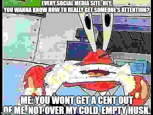 Social Media Ads | EVERY SOCIAL MEDIA SITE: HEY,
YOU WANNA KNOW HOW TO REALLY GET SOMEONE'S ATTENTION? ME: YOU WONT GET A CENT OUT OF ME. NOT OVER MY COLD, EMPTY HUSK. | image tagged in mr krabs foaming at the mouth | made w/ Imgflip meme maker