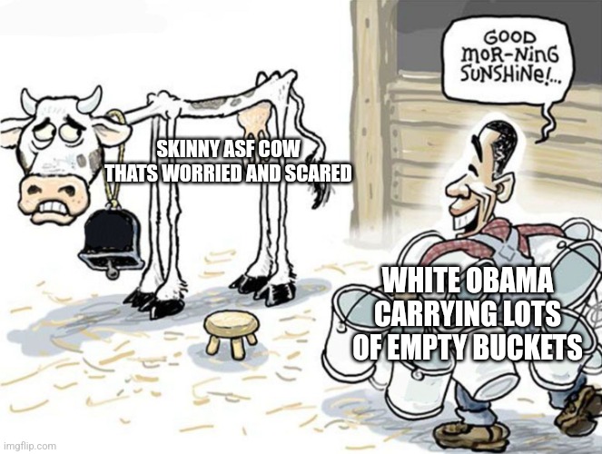 milking the cow | SKINNY ASF COW THATS WORRIED AND SCARED; WHITE OBAMA CARRYING LOTS OF EMPTY BUCKETS | image tagged in milking the cow | made w/ Imgflip meme maker