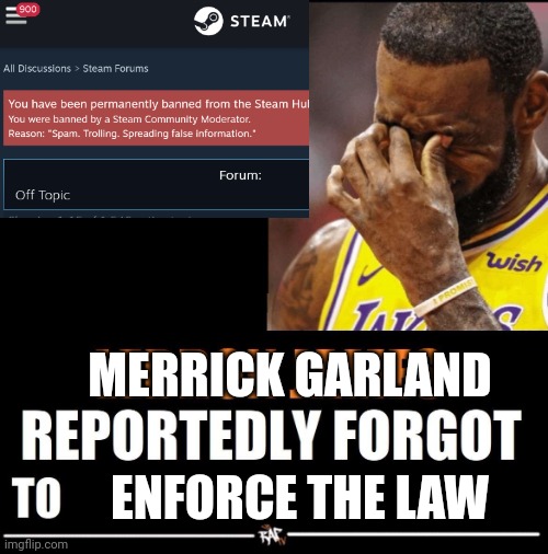 Lebron James Reportedly forgot to | MERRICK GARLAND; ENFORCE THE LAW | image tagged in lebron james reportedly forgot to | made w/ Imgflip meme maker