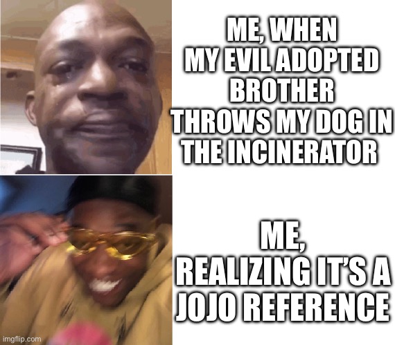 Then Now | ME, WHEN MY EVIL ADOPTED BROTHER THROWS MY DOG IN THE INCINERATOR; ME, REALIZING IT’S A JOJO REFERENCE | image tagged in then now | made w/ Imgflip meme maker