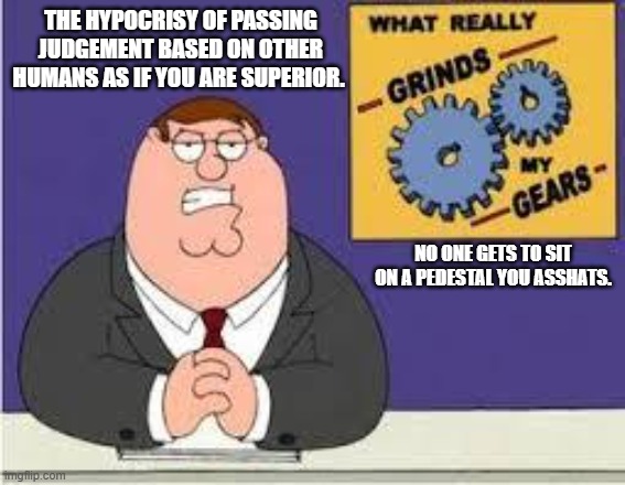 you know what makes one human a better human? recognizing we are all human. | THE HYPOCRISY OF PASSING JUDGEMENT BASED ON OTHER HUMANS AS IF YOU ARE SUPERIOR. NO ONE GETS TO SIT ON A PEDESTAL YOU ASSHATS. | image tagged in you know what really grinds my gears | made w/ Imgflip meme maker
