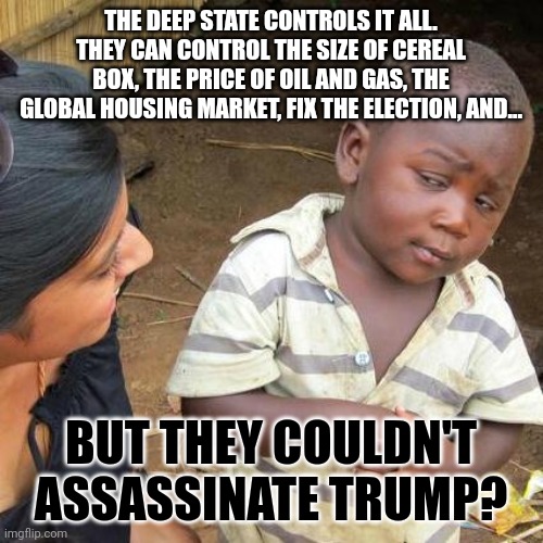 Oh the fear!!! | THE DEEP STATE CONTROLS IT ALL. THEY CAN CONTROL THE SIZE OF CEREAL BOX, THE PRICE OF OIL AND GAS, THE GLOBAL HOUSING MARKET, FIX THE ELECTION, AND... BUT THEY COULDN'T ASSASSINATE TRUMP? | image tagged in memes,third world skeptical kid | made w/ Imgflip meme maker