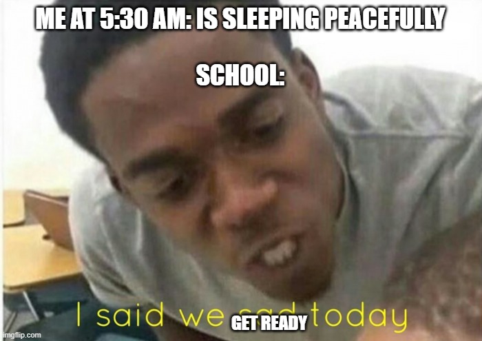 i said we ____ today | ME AT 5:30 AM: IS SLEEPING PEACEFULLY
 
SCHOOL:; GET READY | image tagged in i said we ____ today | made w/ Imgflip meme maker