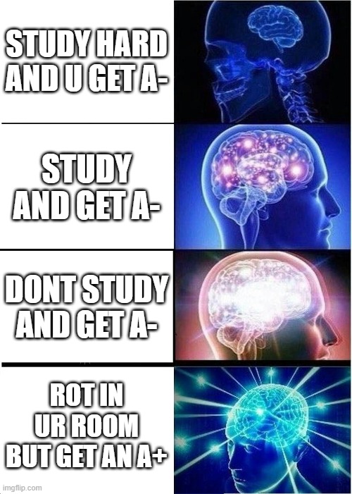 Expanding Brain Meme | STUDY HARD AND U GET A-; STUDY AND GET A-; DONT STUDY AND GET A-; ROT IN UR ROOM BUT GET AN A+ | image tagged in memes,expanding brain | made w/ Imgflip meme maker