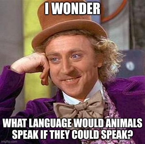 Hmm ¯\_(ツ)_/¯ | I WONDER; WHAT LANGUAGE WOULD ANIMALS SPEAK IF THEY COULD SPEAK? | image tagged in memes,creepy condescending wonka | made w/ Imgflip meme maker