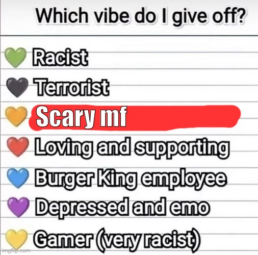 what vibe do i give off | Scary mf | image tagged in what vibe do i give off | made w/ Imgflip meme maker