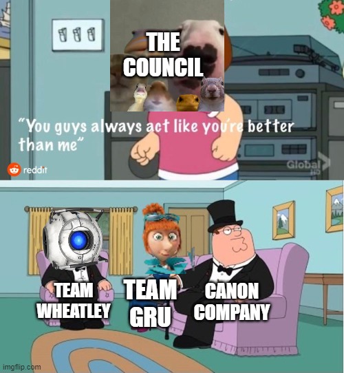 Fixed Reimu's meme (Team Council Slander #7) | THE COUNCIL; CANON COMPANY; TEAM WHEATLEY; TEAM GRU | image tagged in you guys always act like you're better than me | made w/ Imgflip meme maker