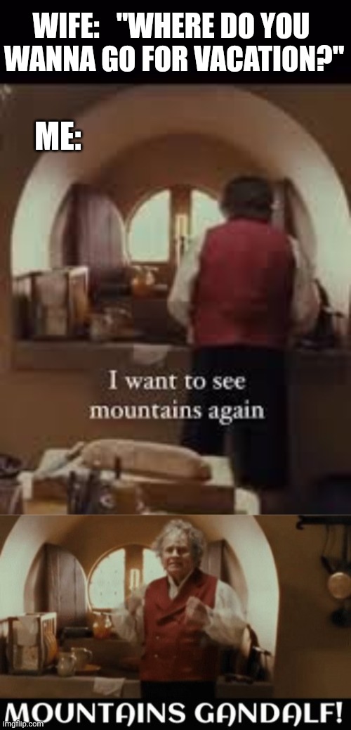 I WANNA SEE MOUNTAINS AGAIN! | WIFE:   "WHERE DO YOU 
WANNA GO FOR VACATION?"; ME: | image tagged in vacation,summer vacation,lord of the rings,gandalf | made w/ Imgflip meme maker