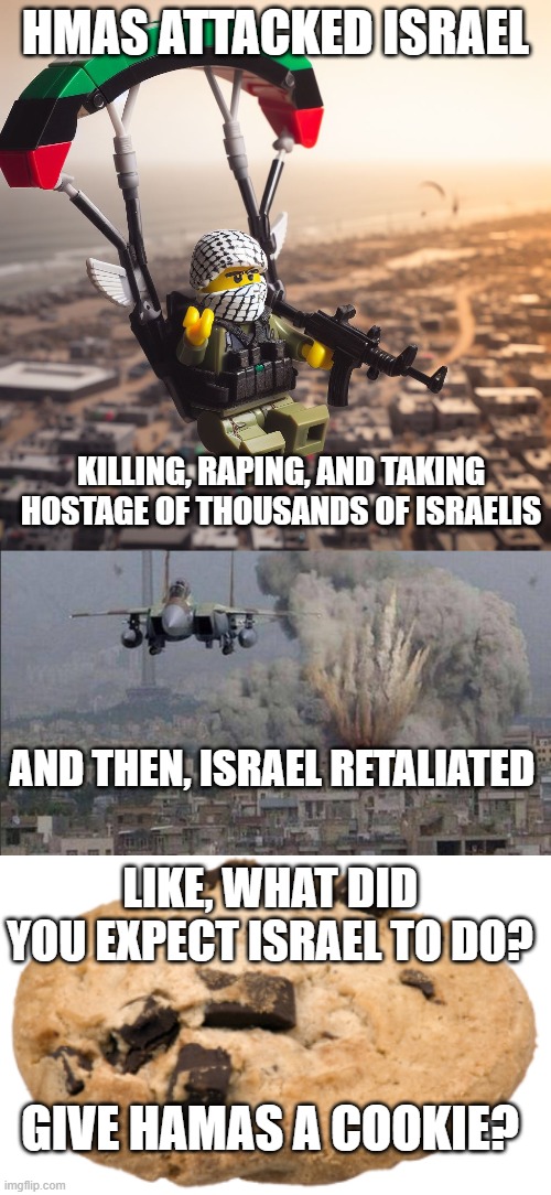 Like really, what did you think Israel would do? | HMAS ATTACKED ISRAEL; KILLING, RAPING, AND TAKING HOSTAGE OF THOUSANDS OF ISRAELIS; AND THEN, ISRAEL RETALIATED; LIKE, WHAT DID YOU EXPECT ISRAEL TO DO? GIVE HAMAS A COOKIE? | image tagged in lego hamas paraglider,israel,palestine,bomb,cookies | made w/ Imgflip meme maker