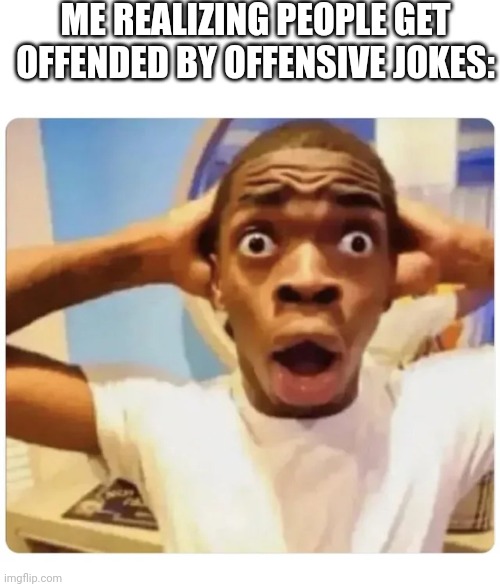 Jk I'm not actually that stupid | ME REALIZING PEOPLE GET OFFENDED BY OFFENSIVE JOKES: | image tagged in black guy suprised | made w/ Imgflip meme maker
