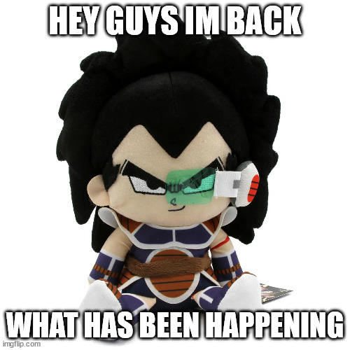 raditz plush | HEY GUYS IM BACK; WHAT HAS BEEN HAPPENING | image tagged in raditz plush | made w/ Imgflip meme maker