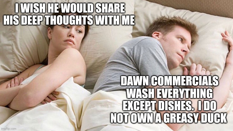 He's probably thinking about girls | I WISH HE WOULD SHARE HIS DEEP THOUGHTS WITH ME; DAWN COMMERCIALS WASH EVERYTHING EXCEPT DISHES.  I DO NOT OWN A GREASY DUCK | image tagged in he's probably thinking about girls | made w/ Imgflip meme maker