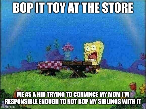 Bop it at store as a kid be like | BOP IT TOY AT THE STORE; ME AS A KID TRYING TO CONVINCE MY MOM I'M RESPONSIBLE ENOUGH TO NOT BOP MY SIBLINGS WITH IT | image tagged in i need it | made w/ Imgflip meme maker