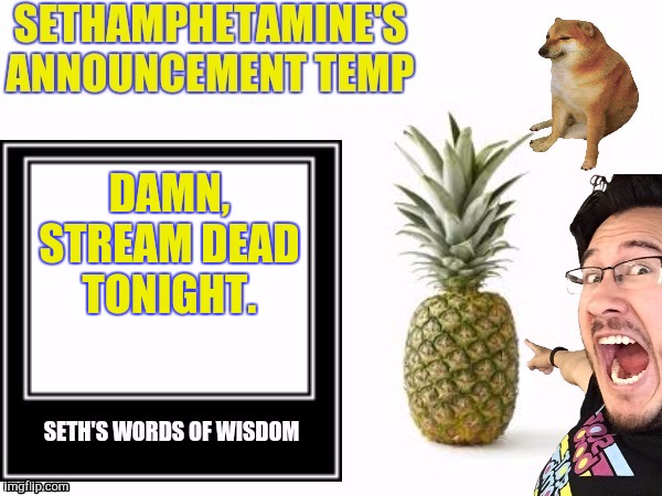 Seth's announcement temp | DAMN, STREAM DEAD TONIGHT. | image tagged in seth's announcement temp | made w/ Imgflip meme maker