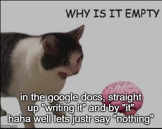 hrelp me | in the google docs, straight up "writing it" and by "it" haha well lets justr say "nothing" | image tagged in hrelp me | made w/ Imgflip meme maker