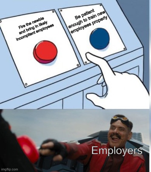 Looking for jobs in a nutshell | Be patient enough to train new employees properly; Fire the newbie and bring in likely incompitent employees; Employers | image tagged in two buttons eggman | made w/ Imgflip meme maker