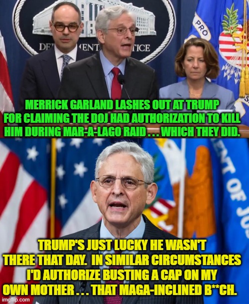 Pretty much what it comes down to. | MERRICK GARLAND LASHES OUT AT TRUMP FOR CLAIMING THE DOJ HAD AUTHORIZATION TO KILL HIM DURING MAR-A-LAGO RAID . . . WHICH THEY DID. TRUMP'S JUST LUCKY HE WASN'T THERE THAT DAY.  IN SIMILAR CIRCUMSTANCES I'D AUTHORIZE BUSTING A CAP ON MY OWN MOTHER . . . THAT MAGA-INCLINED B**CH. | image tagged in yep | made w/ Imgflip meme maker