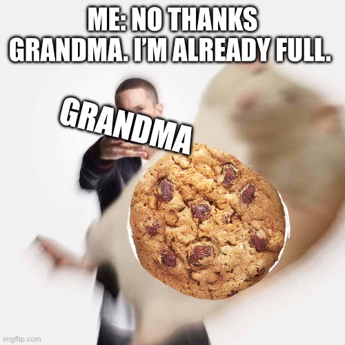 Idk | ME: NO THANKS GRANDMA. I’M ALREADY FULL. GRANDMA | image tagged in woe plague be upon ye,grandma,cookies,memes,oh wow are you actually reading these tags | made w/ Imgflip meme maker