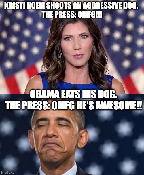 OMFG Noem | KRISTI NOEM SHOOTS AN AGGRESSIVE DOG. 

THE PRESS: OMFG!!! OBAMA EATS HIS DOG.

THE PRESS: OMFG HE'S AWESOME!! | image tagged in kristi noem,seems legit obama | made w/ Imgflip meme maker