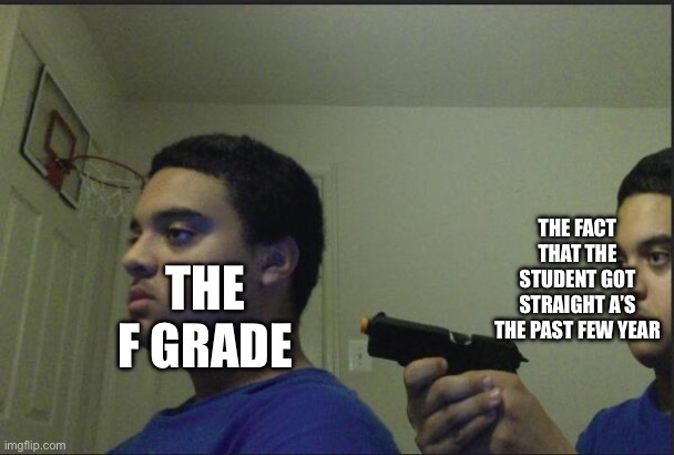 Trust Nobody, Not Even Yourself | THE F GRADE THE FACT THAT THE STUDENT GOT STRAIGHT A’S THE PAST FEW YEAR | image tagged in trust nobody not even yourself | made w/ Imgflip meme maker