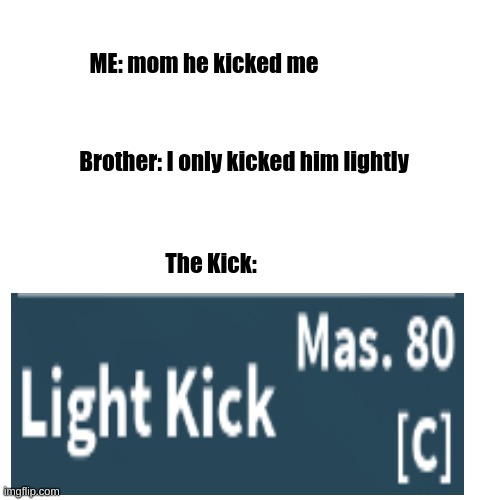 blox fruits meme | ME: mom he kicked me; Brother: I only kicked him lightly; The Kick: | image tagged in roblox meme,funny memes | made w/ Imgflip meme maker