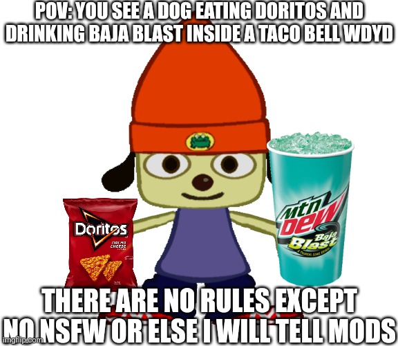 Parappa png | POV: YOU SEE A DOG EATING DORITOS AND DRINKING BAJA BLAST INSIDE A TACO BELL WDYD; THERE ARE NO RULES EXCEPT NO NSFW OR ELSE I WILL TELL MODS | image tagged in parappa png | made w/ Imgflip meme maker