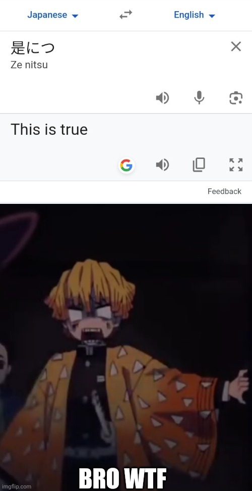 wtf... | BRO WTF | image tagged in zenitsu wtf face,anime,google translate,demon slayer,zenitsu,thunder | made w/ Imgflip meme maker