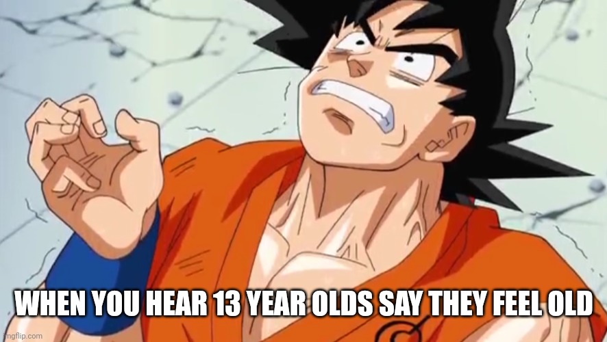 goku in pain | WHEN YOU HEAR 13 YEAR OLDS SAY THEY FEEL OLD | image tagged in goku in pain | made w/ Imgflip meme maker