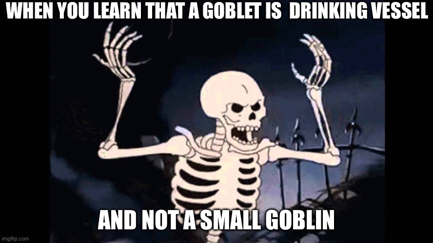 Goblet | WHEN YOU LEARN THAT A GOBLET IS  DRINKING VESSEL; AND NOT A SMALL GOBLIN | image tagged in spooky skeleton,goblet | made w/ Imgflip meme maker