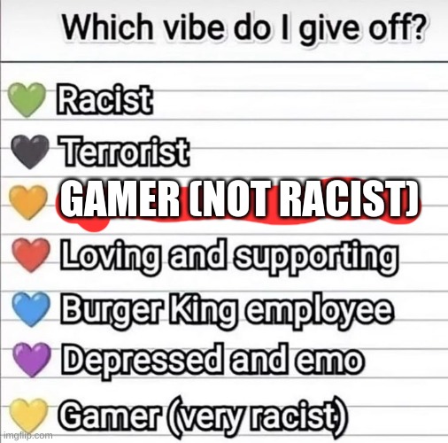 what vibe do i give off | GAMER (NOT RACIST) | image tagged in what vibe do i give off | made w/ Imgflip meme maker